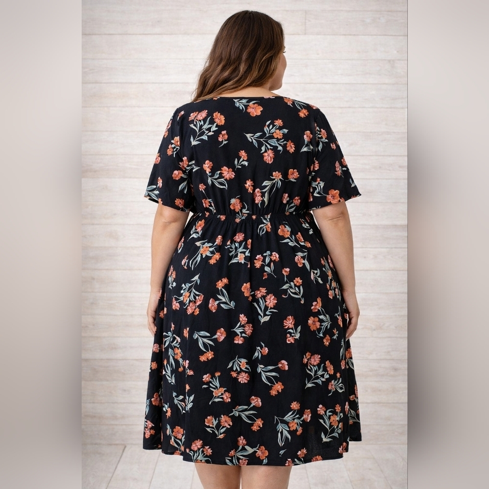 Blush Black Floral Dress – Size 3XL | Button Front Short Sleeve Flowy Midi Dress - Picture 2 of 6